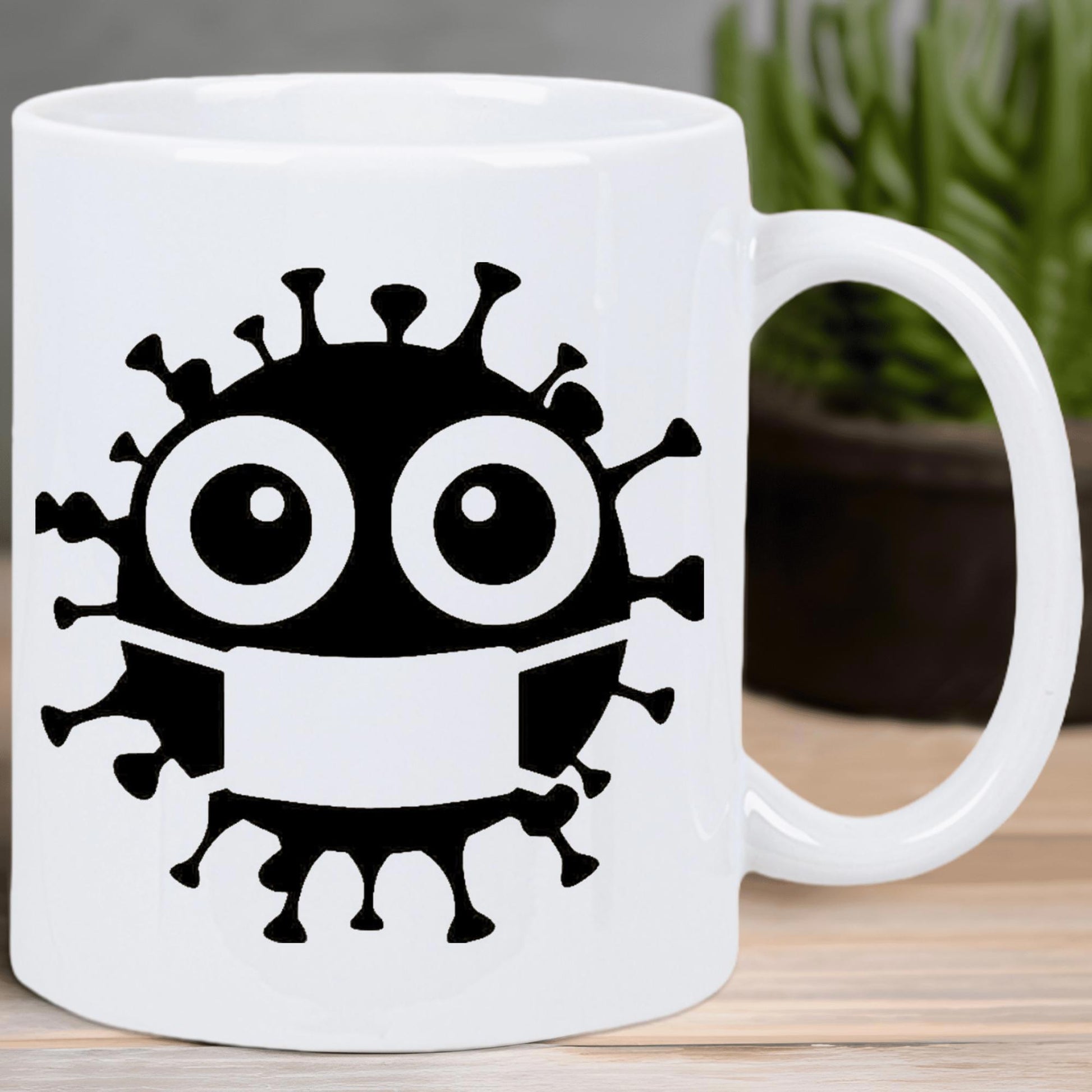 Tailorly White Ceramic 11 oz Mug - Minimalist Black Graphic Of Cartoonish Wearing Protective Mask Safety Virus