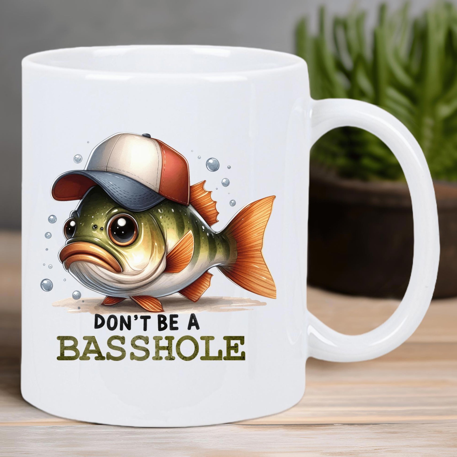Tailorly White Ceramic 11 oz Mug - Don't Be A Basshole Cute Cartoon Fish Wearing Baseball Cap With Bubbles Swimming Underwater Bass