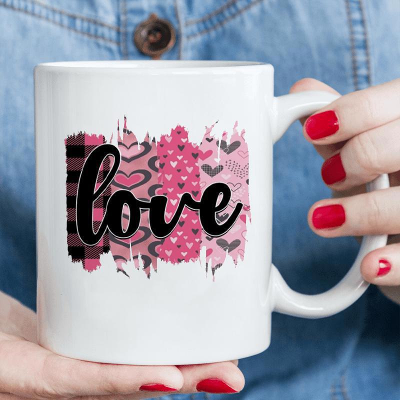 Tailorly White Ceramic 11 oz Mug - Love Pink Artistic Plaid Pattern Featuring Multiple Sweet Romantic Hearts Heart