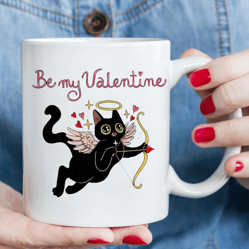 Tailorly White Ceramic 11 oz Mug - Be My Valentine Playful Black Cat Cupid With Angel Wings And Golden Bow Cat