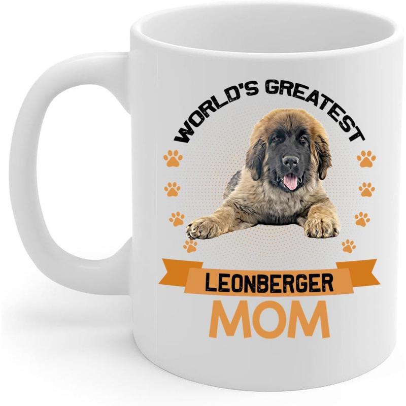 Tailorly White Ceramic 11 oz Mug - Worlds Greatest Leonberger Mom Majestic Brown Furry Dog Resting Surrounded By Tiny Orange Paw Prints Leonberger