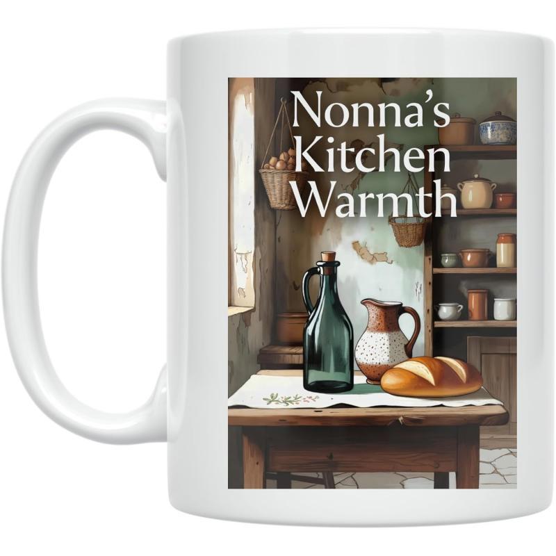Tailorly White Ceramic 11 oz Mug - Nonna's Kitchen Warmth Rustic Wooden Table With Fresh Bread And Vintage Bottle Interior Kitchen