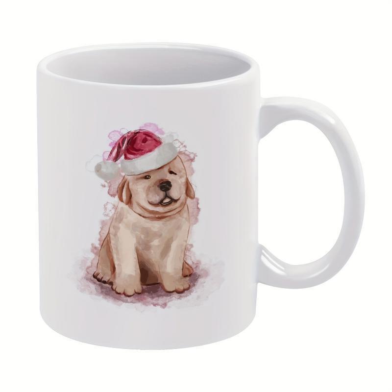Tailorly White Ceramic 11 oz Mug - Adorable Golden Labrador Wearing Festive Pink Santa Hat In Soft Watercolor Puppy