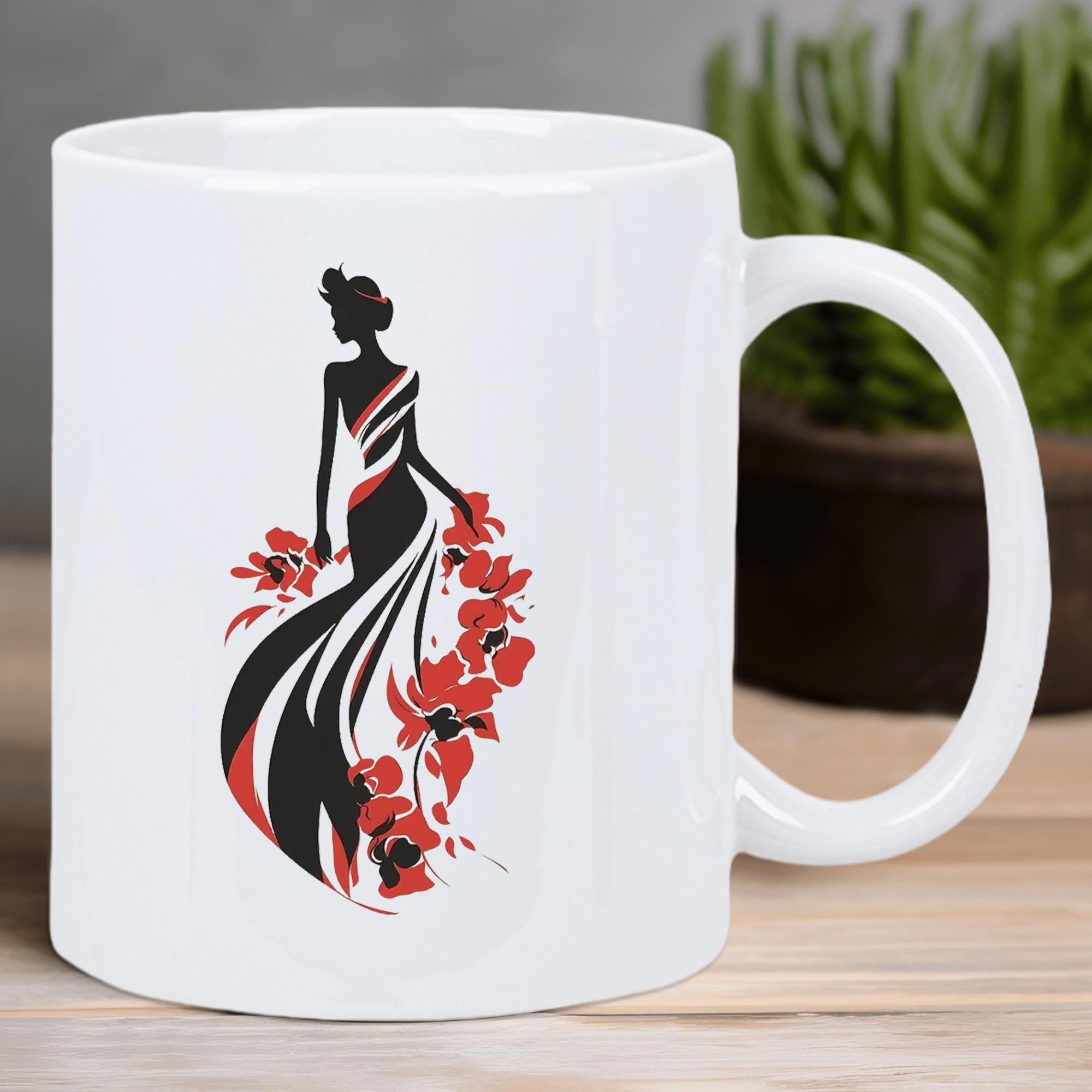 Tailorly White Ceramic 11 oz Mug - Elegant Silhouette Wearing Flowing Gown Adorned With Vibrant Red Petals Woman