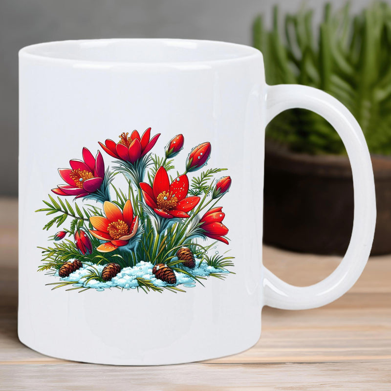 Tailorly White Ceramic 11 oz Mug - Vibrant Red Blossoms Among Pine Cones And Snow Covered Green Foliage Flower