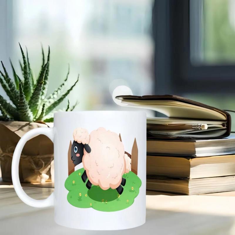 Tailorly White Ceramic 11 oz Mug - Adorable Fluffy Pink Wooly Animal Standing On Lush Green Grass Patch Sheep