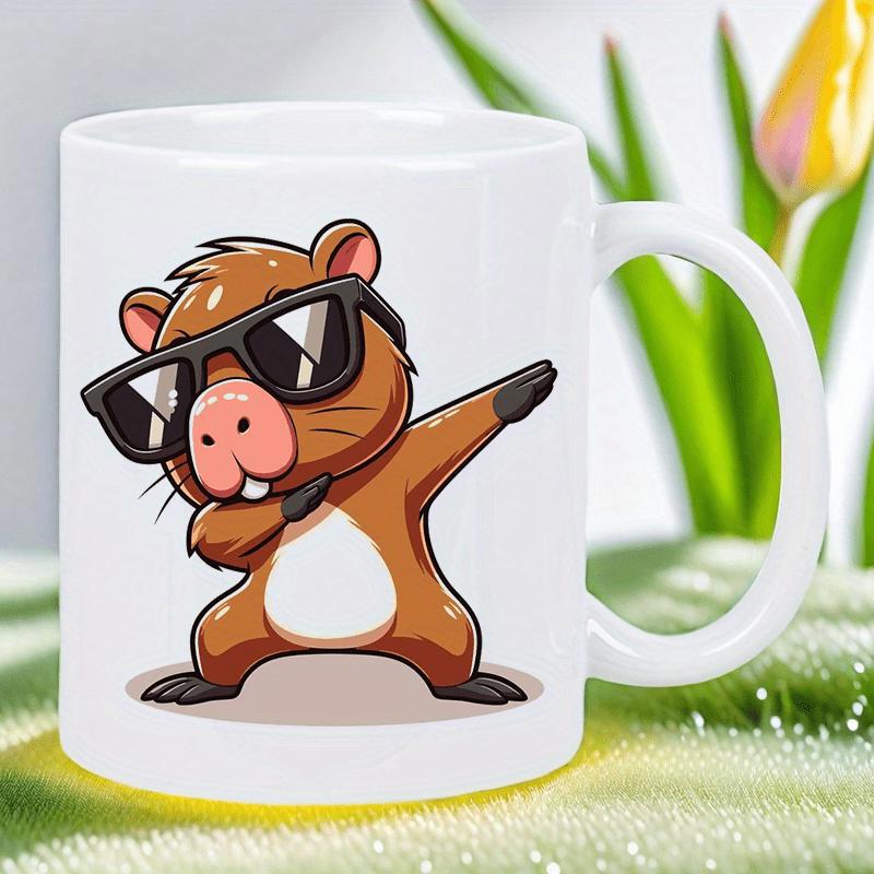 Tailorly White Ceramic 11 oz Mug - Cartoon Animal Wearing Black Sunglasses Performing A Dabbing Gesture Pose Capybara