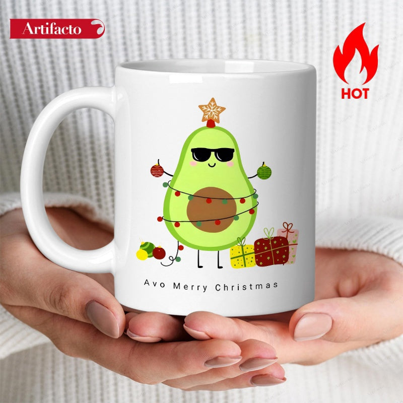 Tailorly White Ceramic 11 oz Mug - Avo Merry Christmas Festive Holiday Themed Character Wearing Sunglasses Among Colorful Wrapped Gift Boxes Avocado