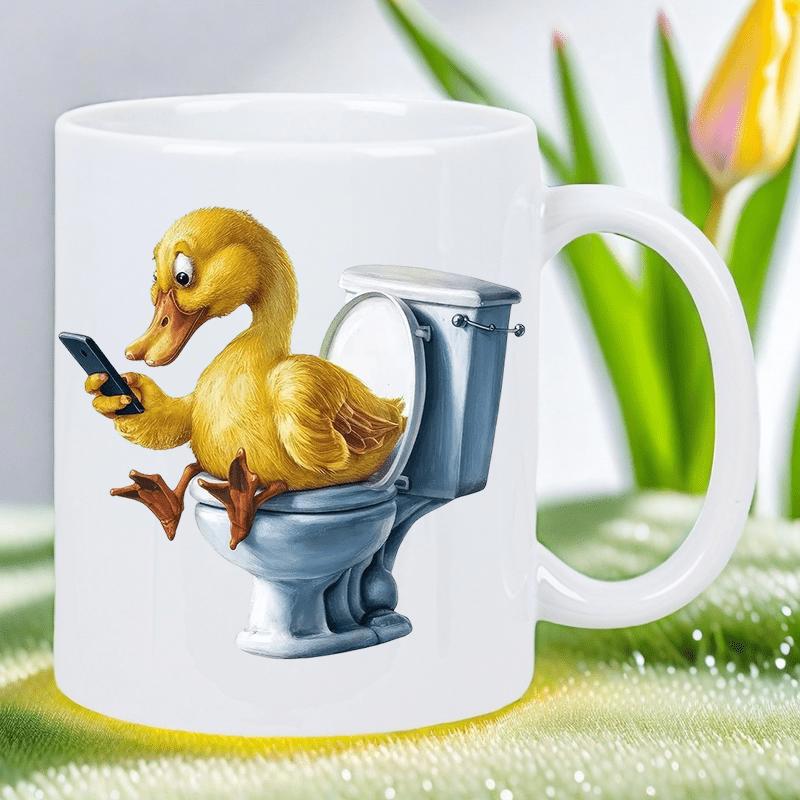 Tailorly White Ceramic 11 oz Mug - Funny Yellow Duck Sitting On Ceramic Toilet While Checking Smartphone Duck