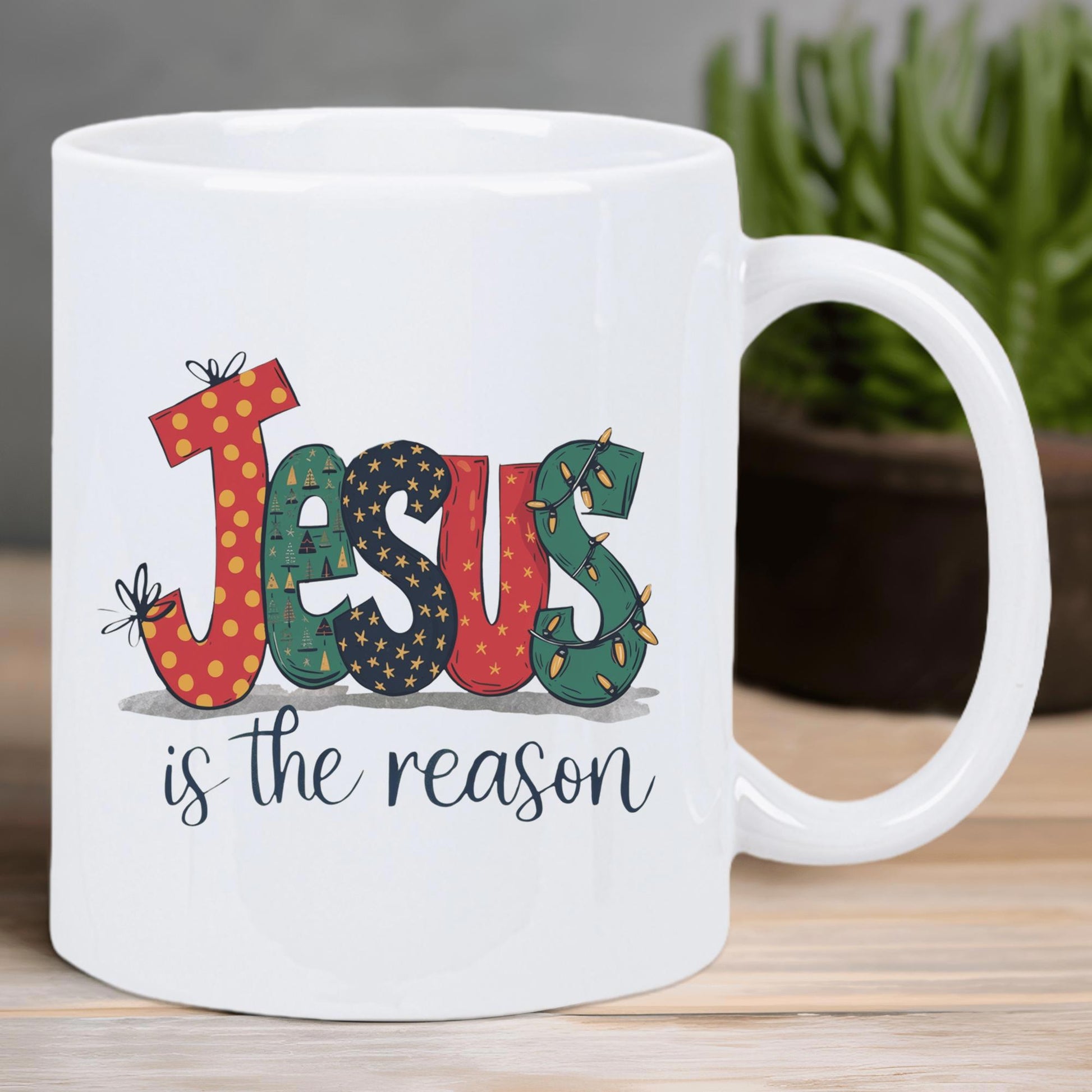 Tailorly White Ceramic 11 oz Mug - Jesus Is The Reason Festive Letters Decorated With Patterns And String Lights Graphic