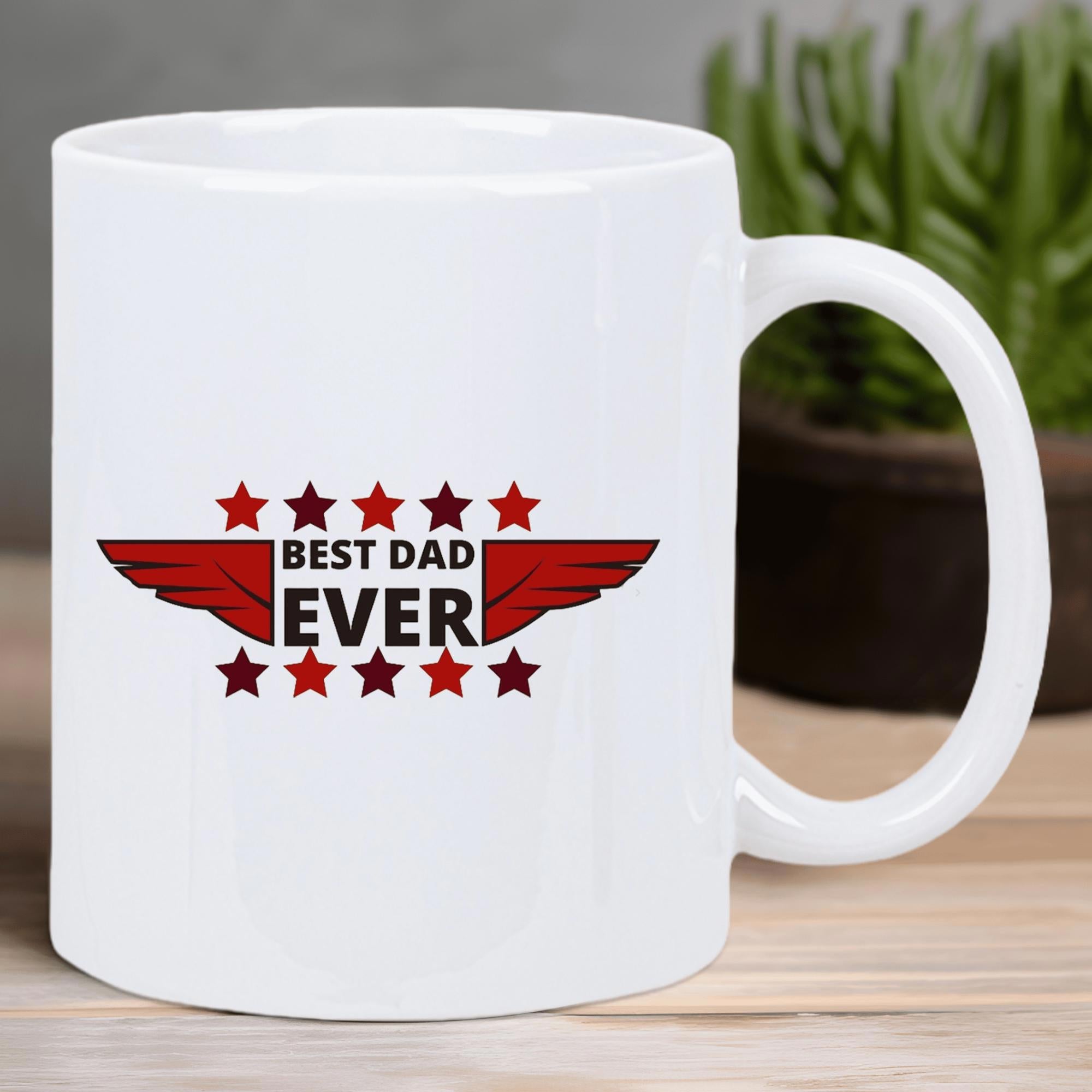 Tailorly White Ceramic 11 oz Mug - Best Dad Ever Symmetrical Red Wings And Small Stars On Minimalist Mug