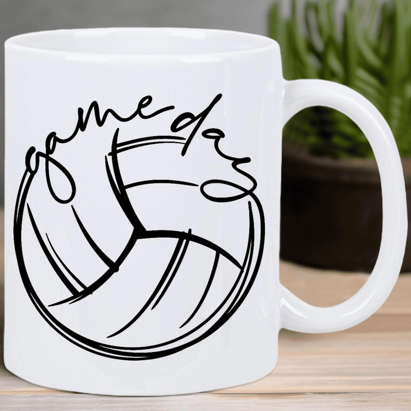 Tailorly White Ceramic 11 oz Mug - Game Day Minimalist Black Line Art Style Featuring Hand Drawn Sport Elements Volleyball