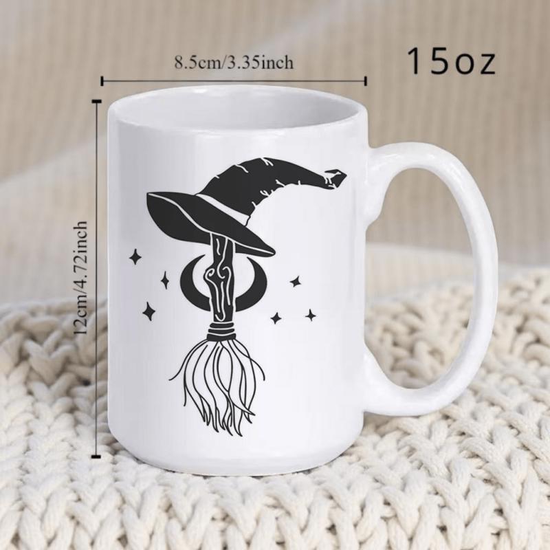 Tailorly White Ceramic 11 oz Mug - Mystical Black Crescent Moon And Stars Above Handcrafted Vintage Broomstick