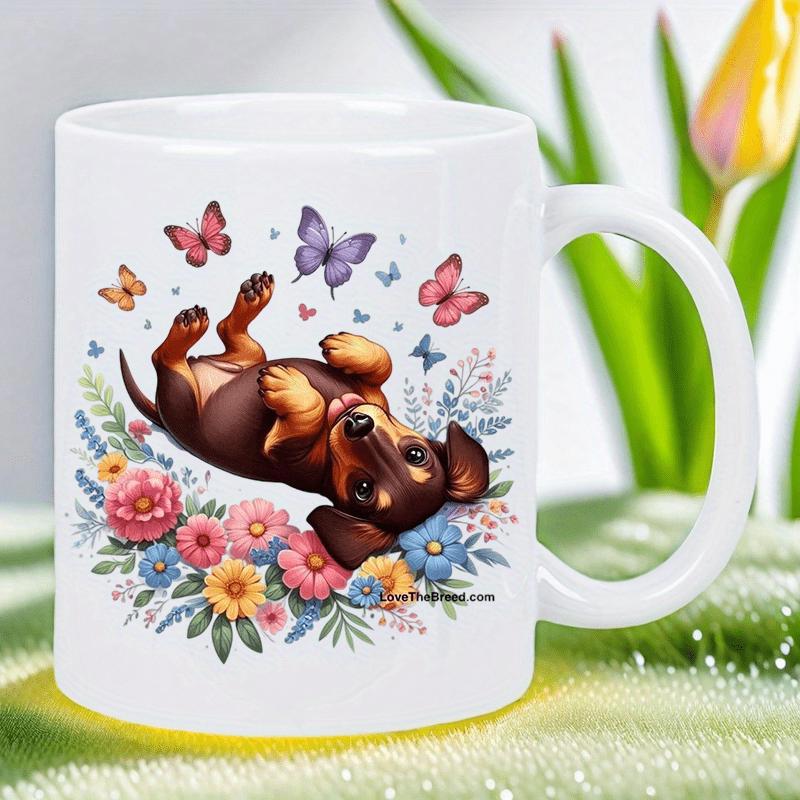 Tailorly White Ceramic 11 oz Mug - Playful Puppy Lying Among Blooming Garden Flowers And Fluttering Butterflies Dachshund