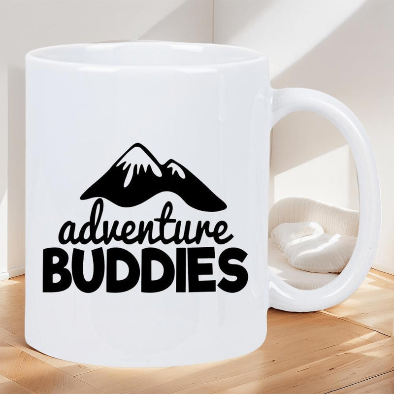 Tailorly White Ceramic 11 oz Mug - Adventure Buddies Stark Black Peaks Rising High Above Rugged Wilderness Terrain Mountain