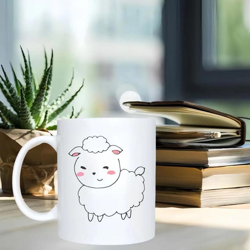 Tailorly White Ceramic 11 oz Mug - Adorable Hand Drawn Cartoon Lamb With Fluffy Wool And Rosy Cheeks Sheep