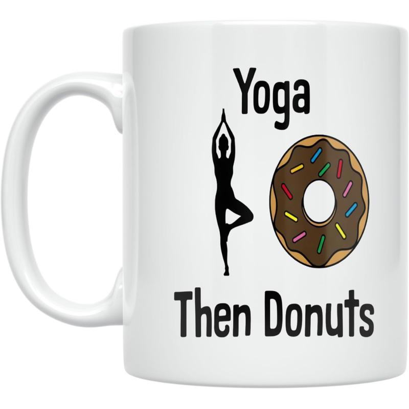 Tailorly White Ceramic 11 oz Mug - Yoga Then Donuts Silhouette Performing Tree Pose Beside Chocolate Glazed Colorful Sprinkled Donut