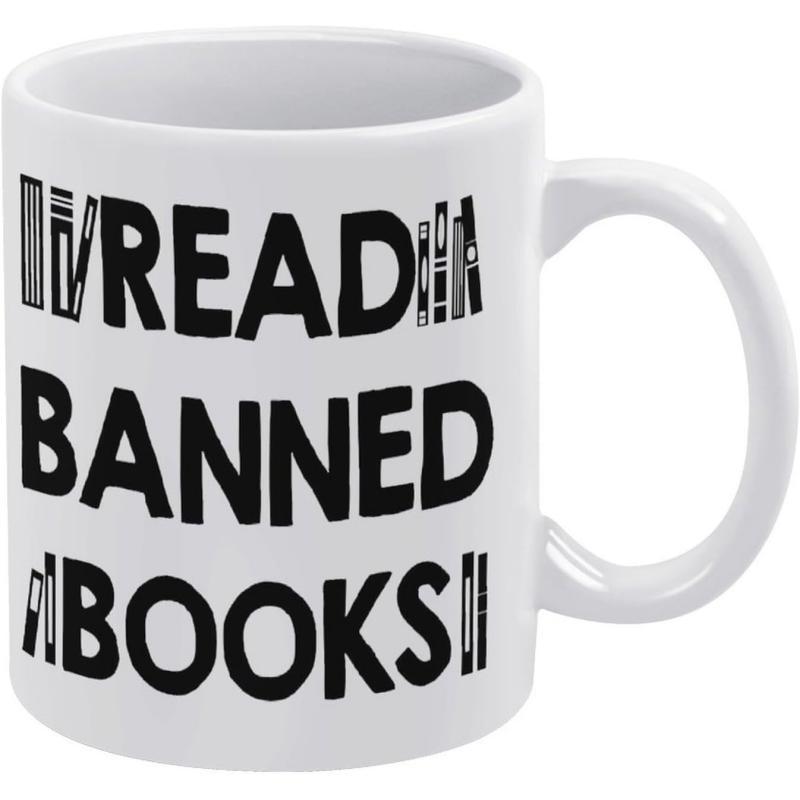 Tailorly White Ceramic 11 oz Mug - Read Banned Books Minimalist Black Line Art Showing A Collection Of Standing Literary Volumes Books