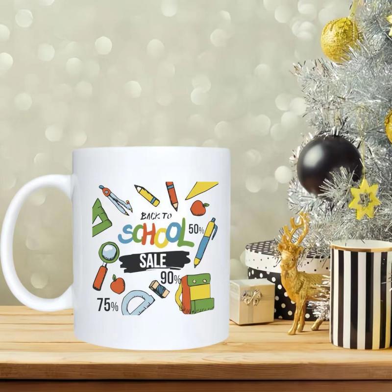 Tailorly White Ceramic 11 oz Mug - Back To School Sale Various Colorful School Supplies And Stationery Floating On A Simple