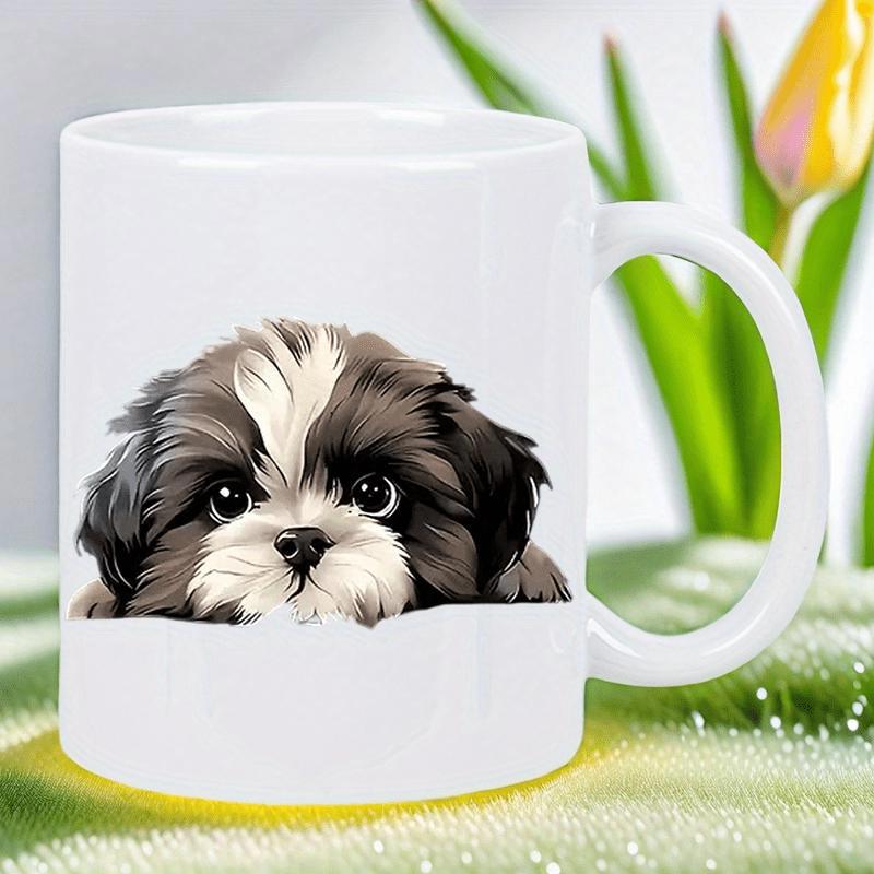 Tailorly White Ceramic 11 oz Mug - Adorable Little Fluffy Shih Tzu Peeking Over A White Edge Puppy