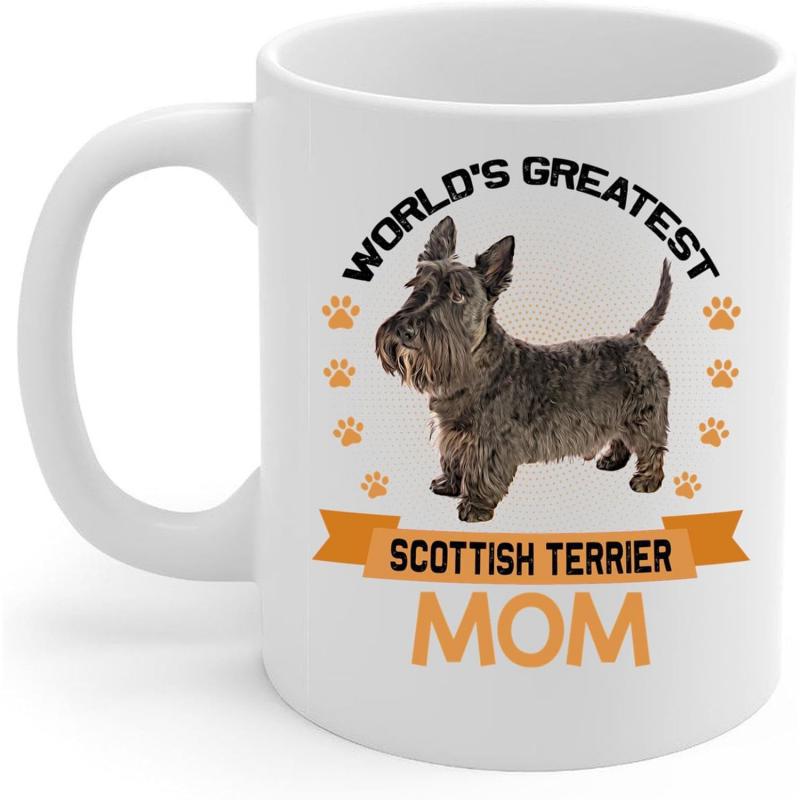 Tailorly White Ceramic 11 oz Mug - Worlds Greatest Scottish Terrier Mom Small Black Dog Standing Surrounded By Little Orange Paw Prints Scottish Terrier