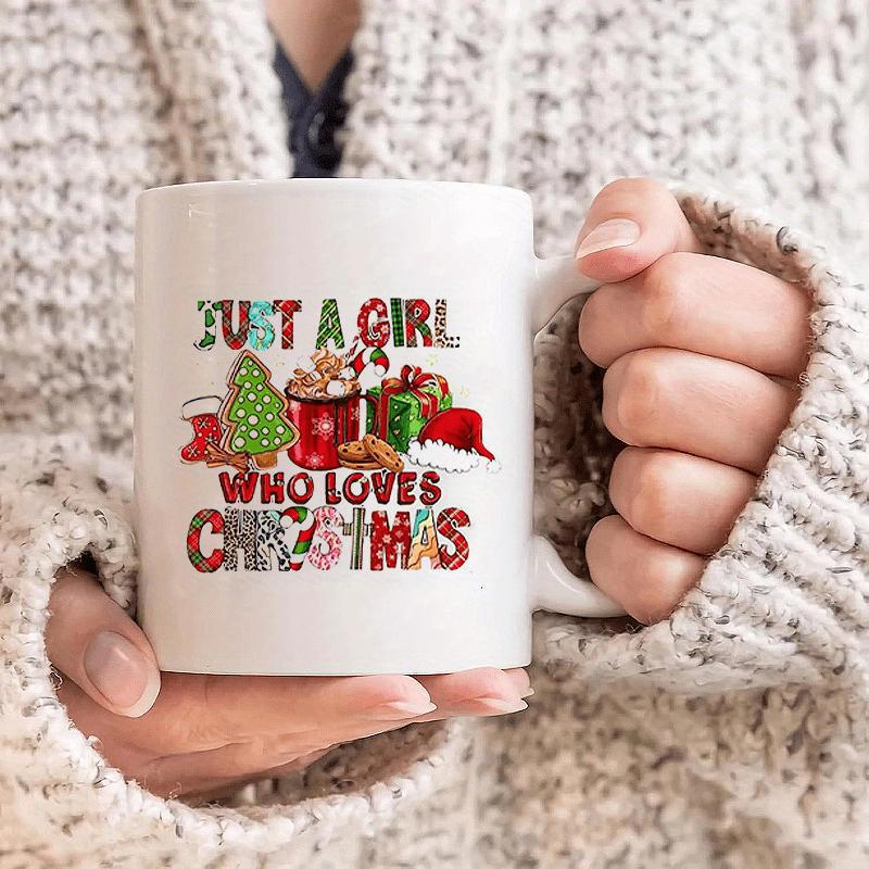Tailorly White Ceramic 11 oz Mug - Just A Girl Who Loves Christmas Festive Holiday Decorations With Hot Cocoa And Presents Under Starry Tree