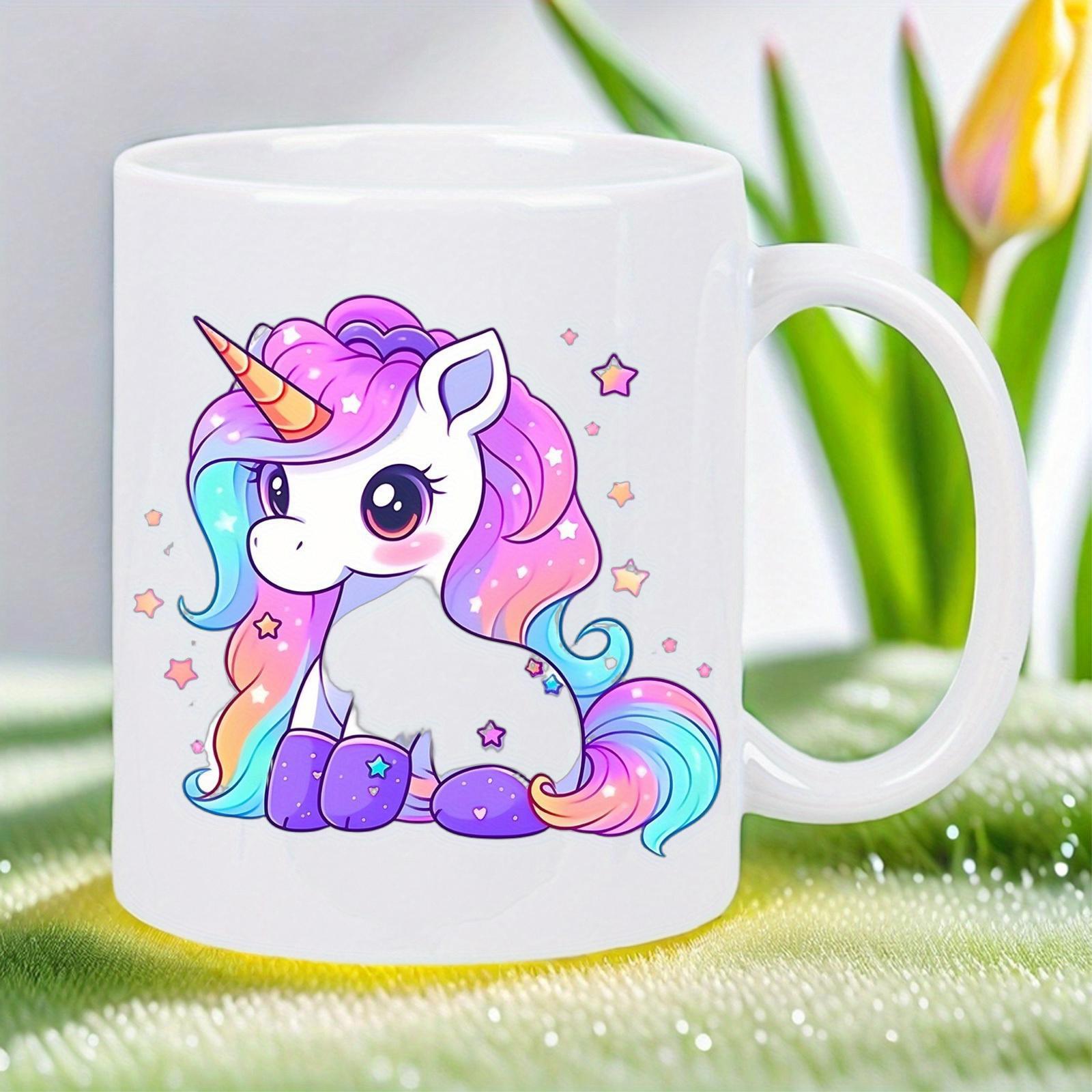 Tailorly White Ceramic 11 oz Mug - Adorable Sitting Baby Creature With Rainbow Mane And Small Stars Unicorn