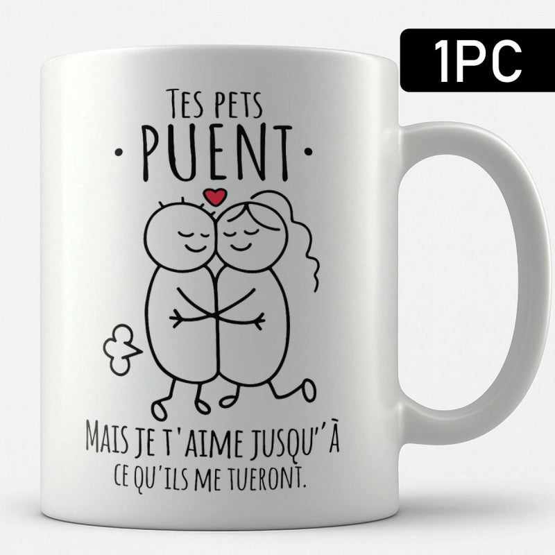Tailorly White Ceramic 11 oz Mug - Minimalist Stick Figure Characters Hugging With A Small Red Heart Couple