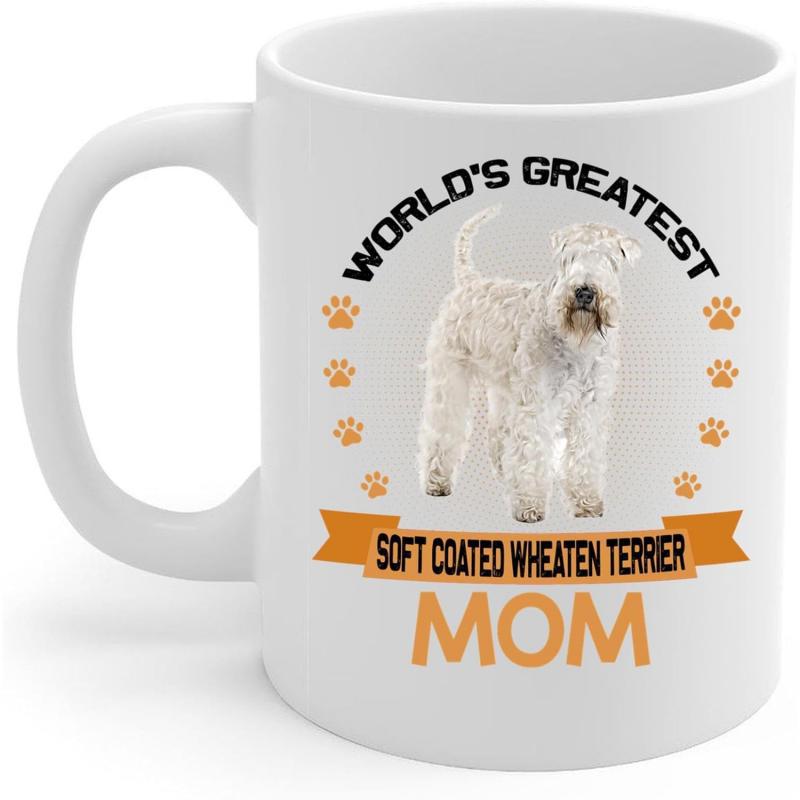 Tailorly White Ceramic 11 oz Mug - Worlds Greatest Soft Coated Wheaten Terrier Mom Fluffy White Dog Standing Within Arched Orange Paw Prints Dog