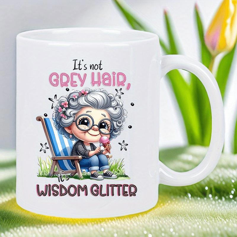 Tailorly White Ceramic 11 oz Mug - Its Not Grey Hair Wisdom Glitter Cute Curly Haired Lady Resting On Striped Beach Chair Among Sparkles Grandma