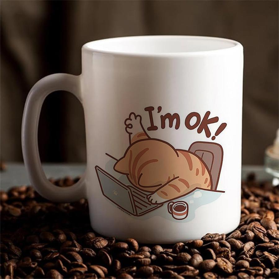 Tailorly White Ceramic 11 oz Mug - Im Ok Exhausted Orange Tabby Cat Slumped Over Laptop With Small Coffee Mug Cat