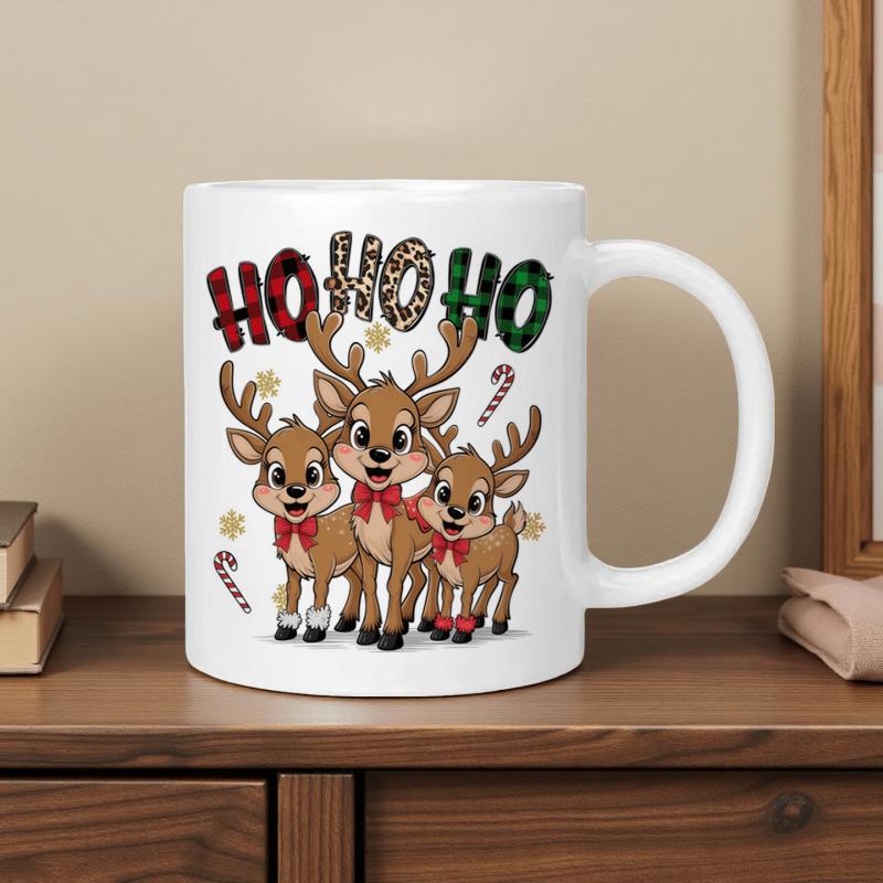 Tailorly White Ceramic 11 oz Mug - Ho Ho Ho Three Cute Cartoon Reindeer Wearing Red Bows Among Snowflakes And Candy Canes Reindeer