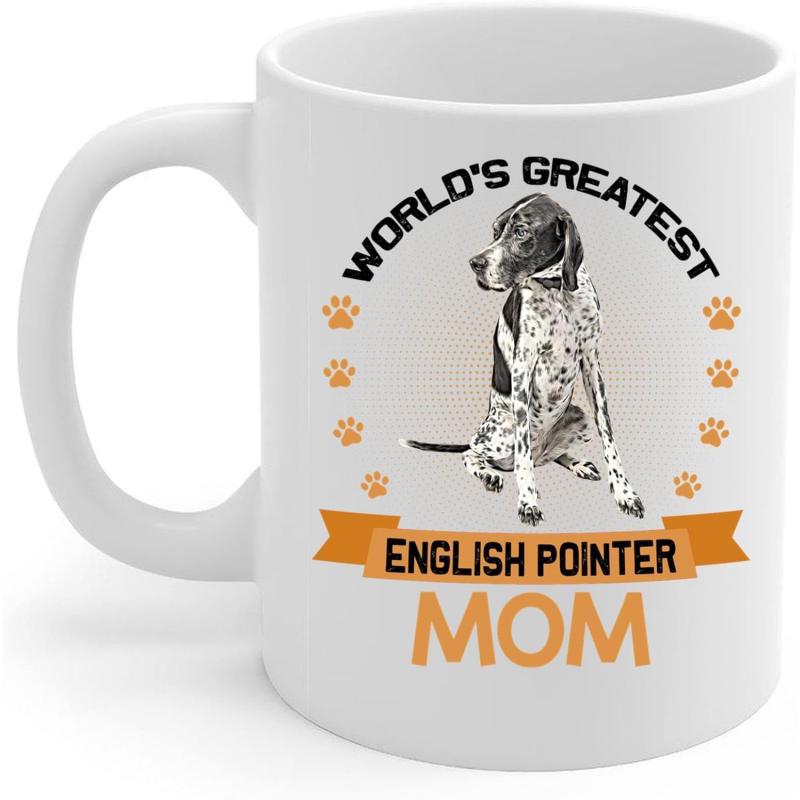 Tailorly White Ceramic 11 oz Mug - Worlds Greatest English Pointer Mom Sitting Alert Spotted Dog Surrounded By Decorative Small Orange Paw Prints English Pointer