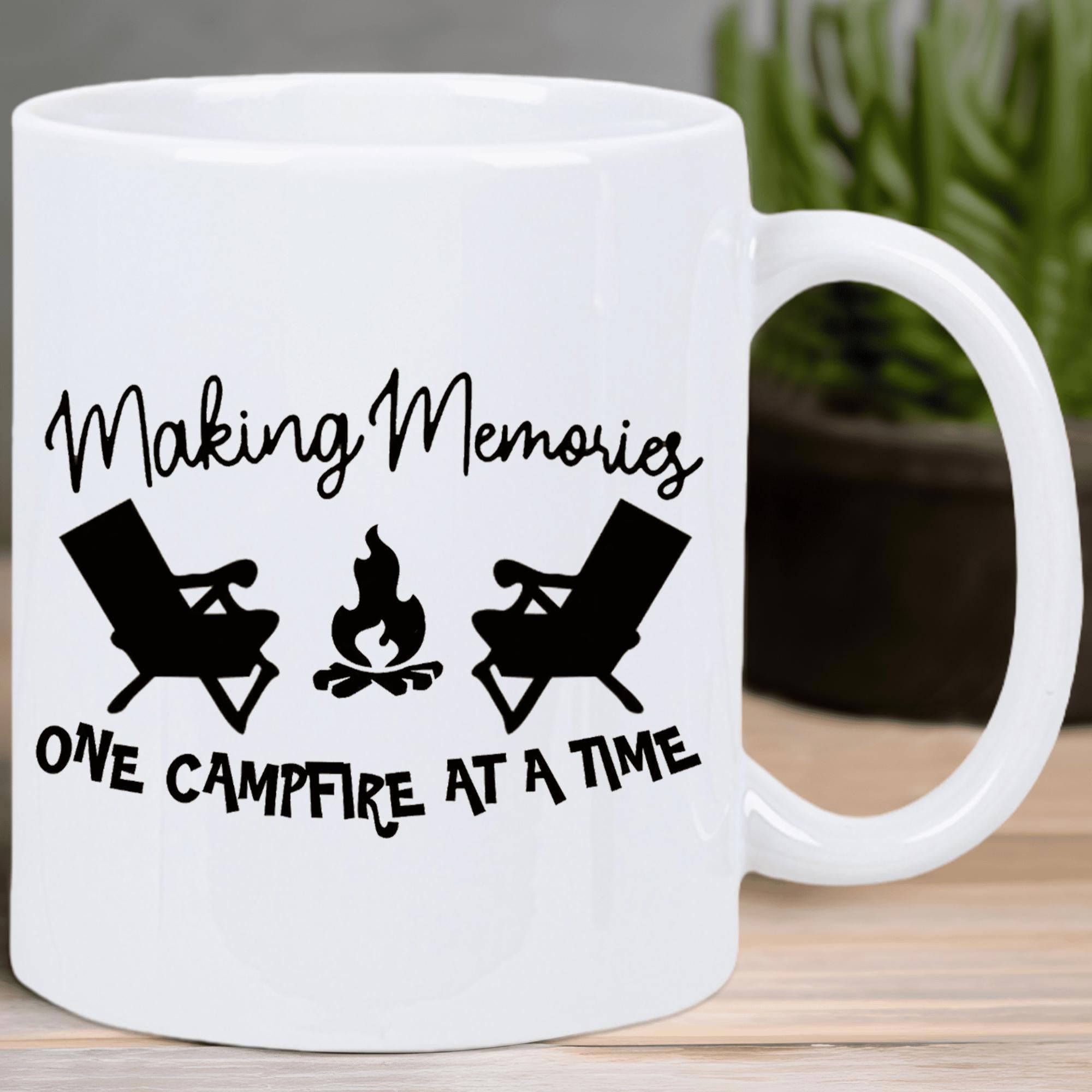 Tailorly White Ceramic 11 oz Mug - Making Memories One Campfire At A Time Two Relaxing Adirondack Chairs Positioned Near A Small Flickering Burning Campfire