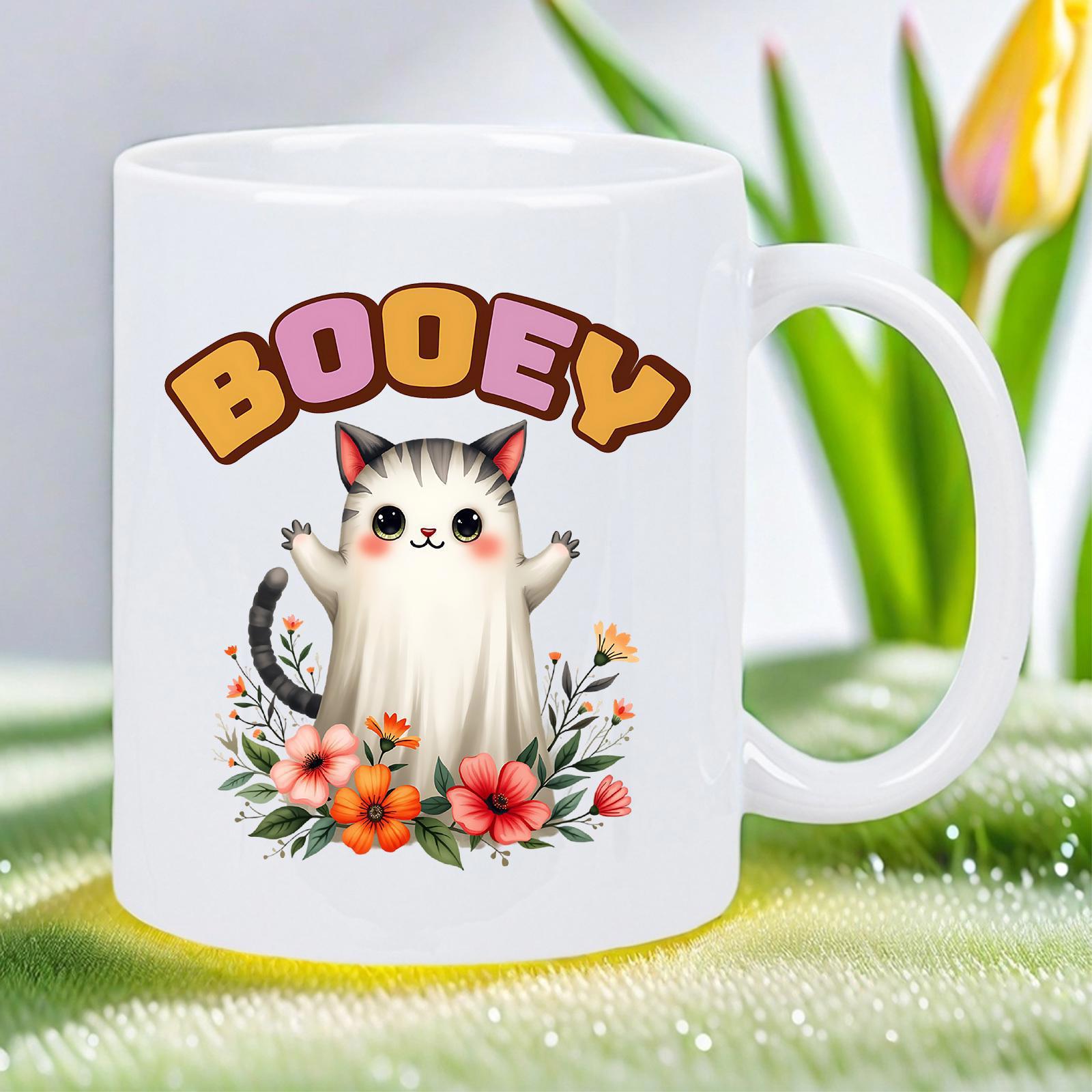 Tailorly White Ceramic 11 oz Mug - Booey Adorable Ghost Costume With Colorful Flowers In Spring Meadow Cat