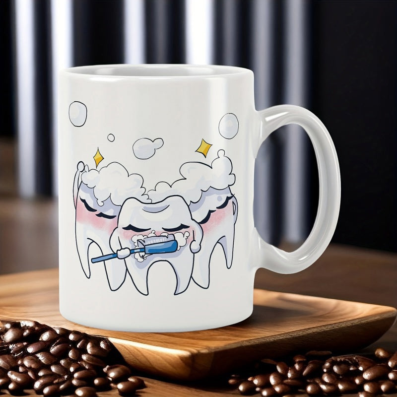 Tailorly White Ceramic 11 oz Mug - Cute Cartoon Characters Brushing With Bubbles And Sparkling Clean Details Tooth
