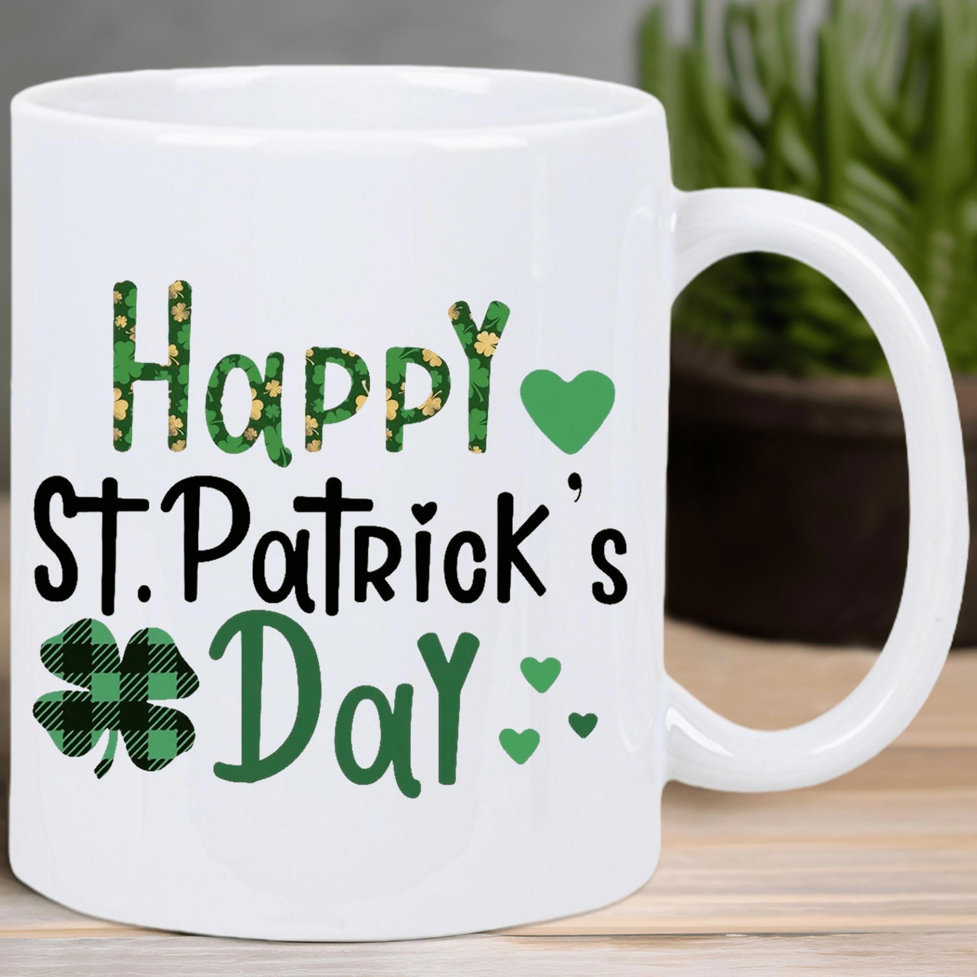 Tailorly White Ceramic 11 oz Mug - Happy St Patricks Day Vibrant Green Plaid Four Leaf Clover Among Tiny Floating Hearts Mug