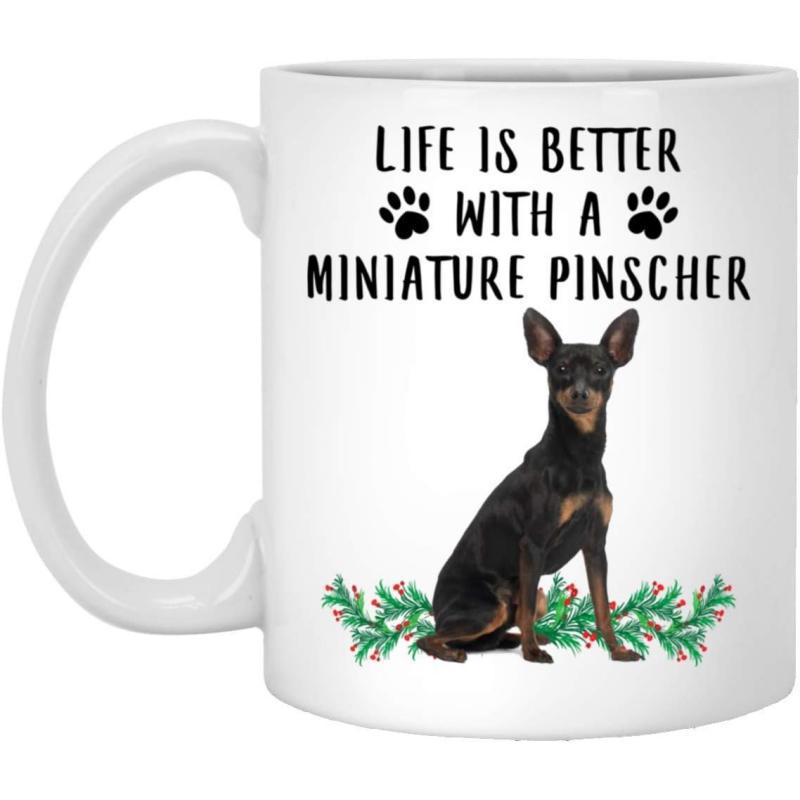 Tailorly White Ceramic 11 oz Mug - Life Is Better With A Miniature Pinscher Alert Black And Tan Dog Sitting Among Vibrant Green Leaves Miniature Pinscher
