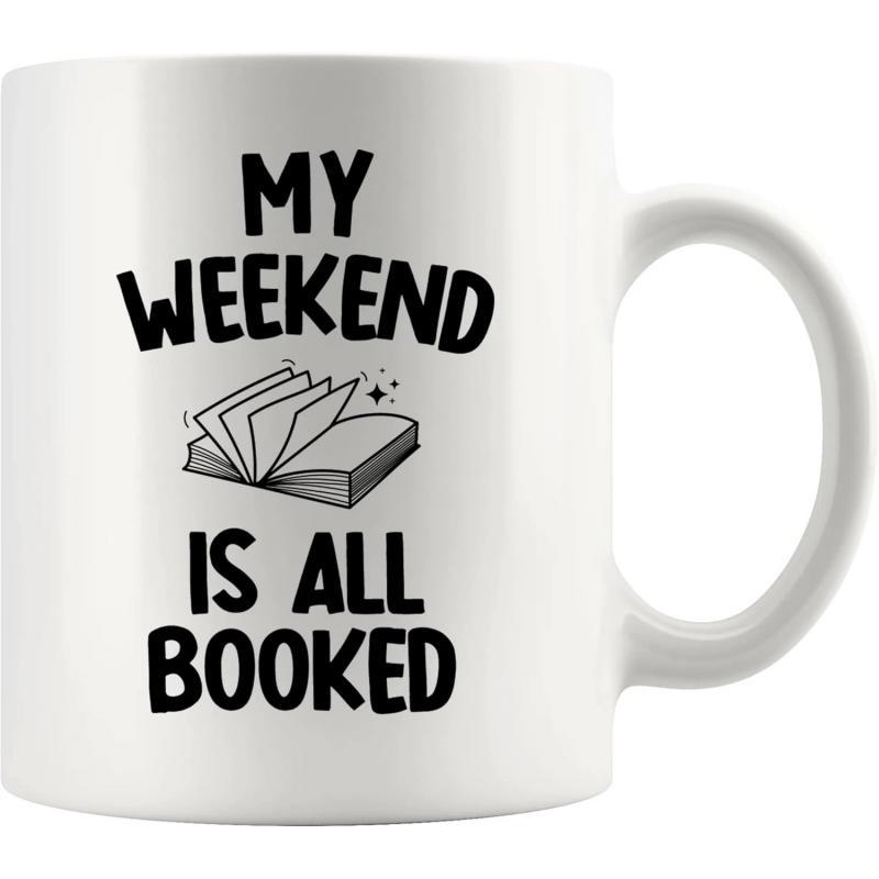 Tailorly White Ceramic 11 oz Mug - My Weekend Is All Booked Minimalist Black Line Drawing With Flying Pages Inside An Open Book