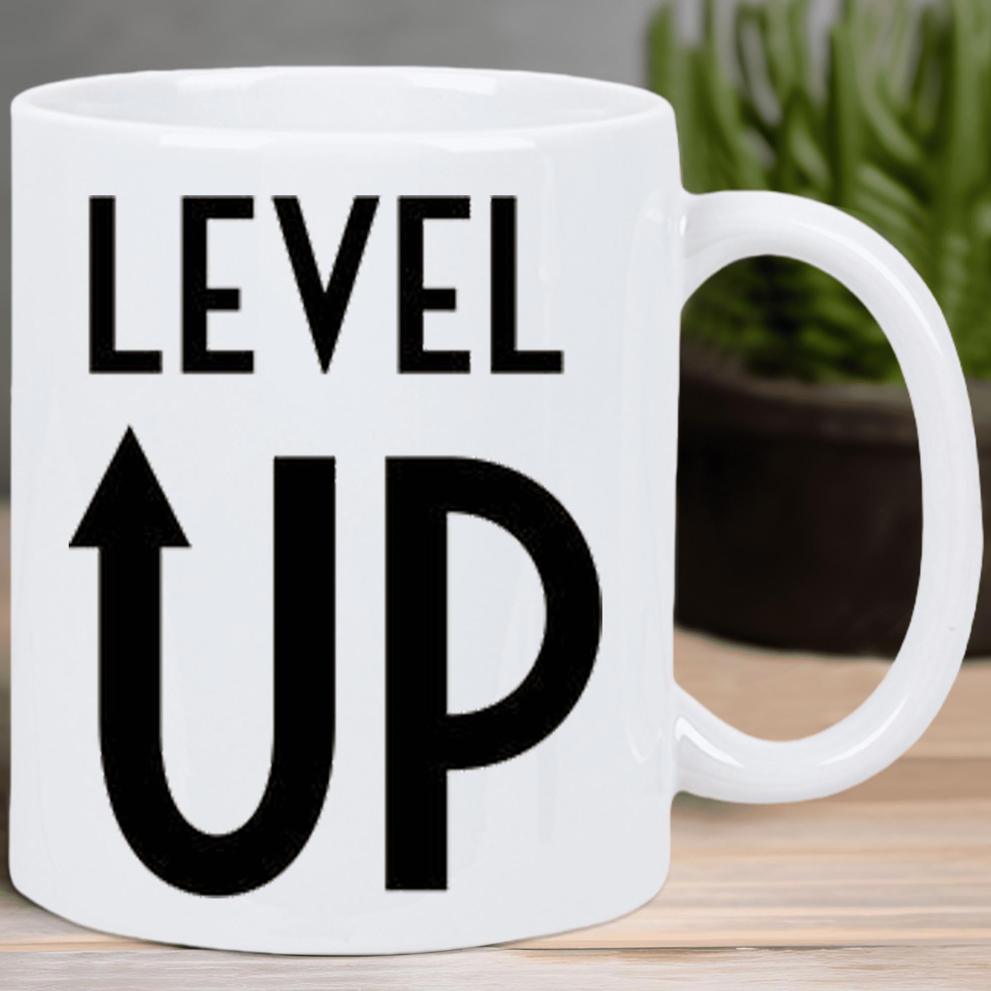 Tailorly White Ceramic 11 oz Mug - Level Up Minimalist Bold Black Text Featuring An Integrated Upwards Pointing Directional Design