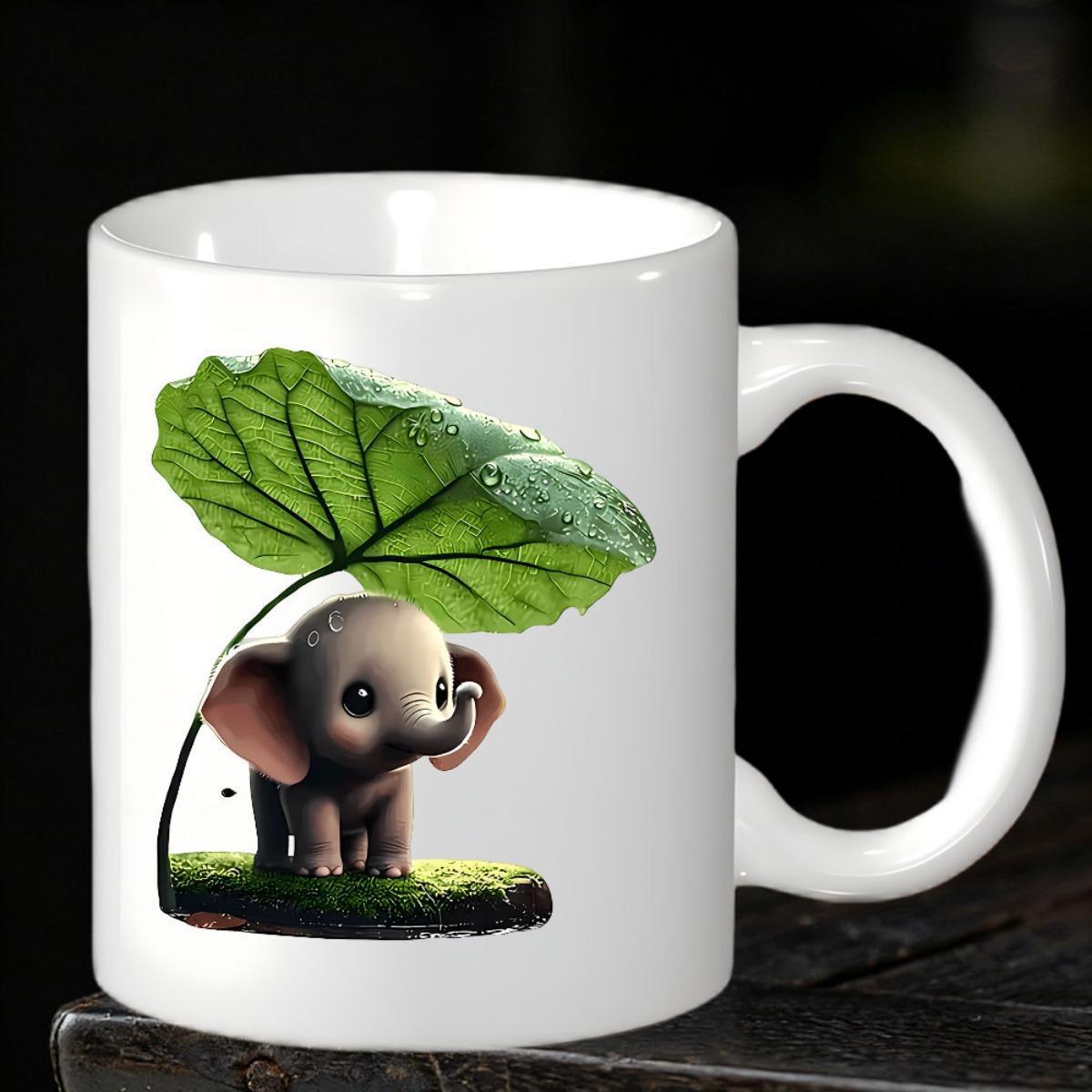 Tailorly White Ceramic 11 oz Mug - Cute Little Baby Under A Large Vibrant Green Leaf Elephant