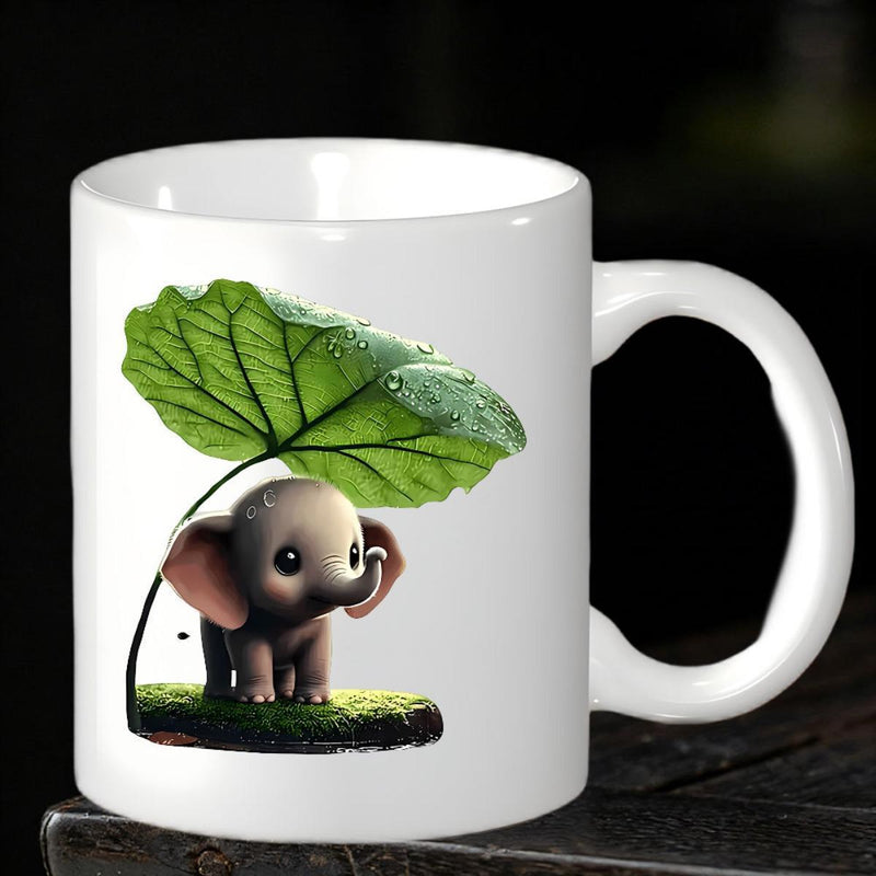 Tailorly White Ceramic 11 oz Mug - Cute Little Baby Under A Large Vibrant Green Leaf Elephant