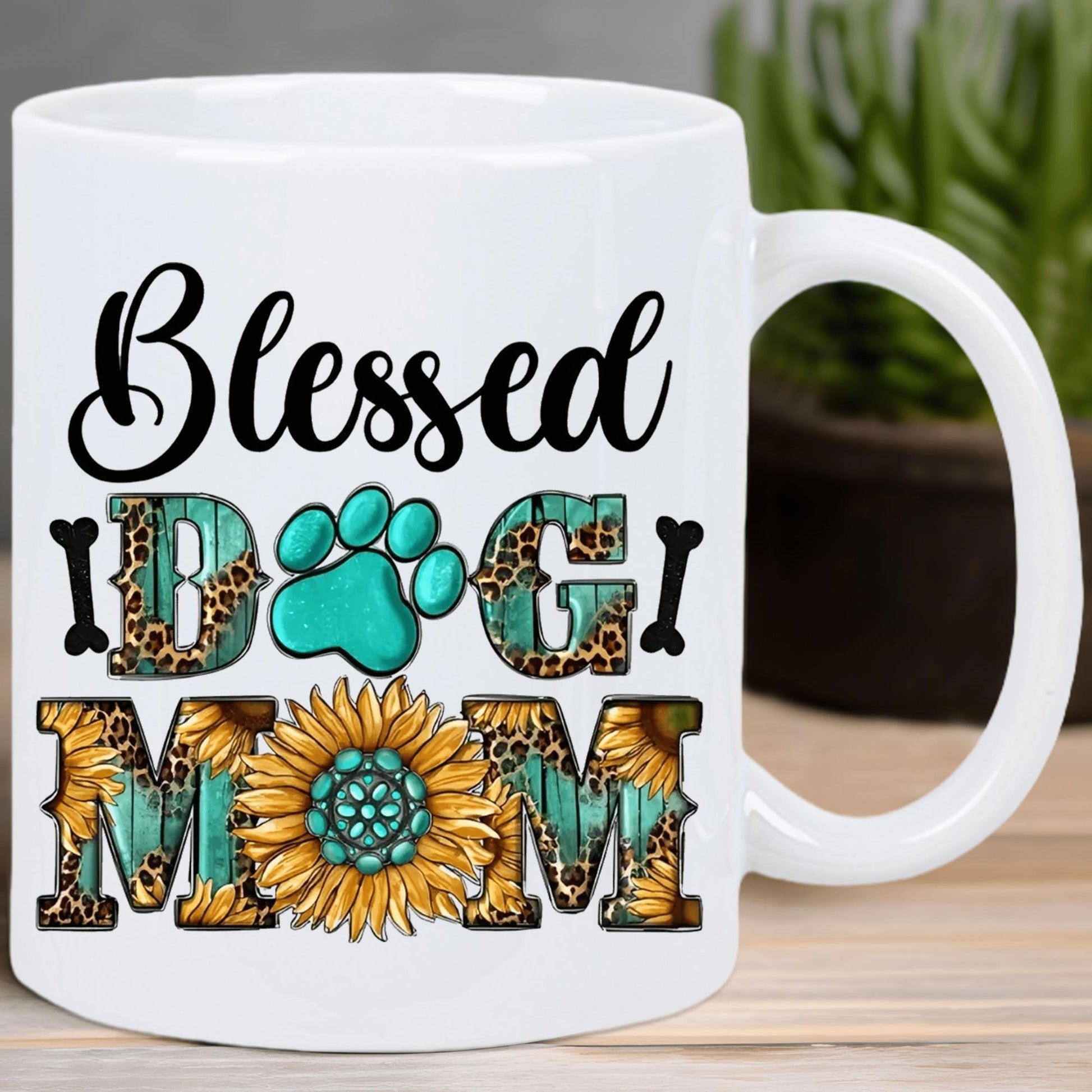 Tailorly White Ceramic 11 oz Mug - Blessed Dog Mom Rustic Wood Texture Leopard Pattern With Teal Paw Print And Vibrant Sunflower