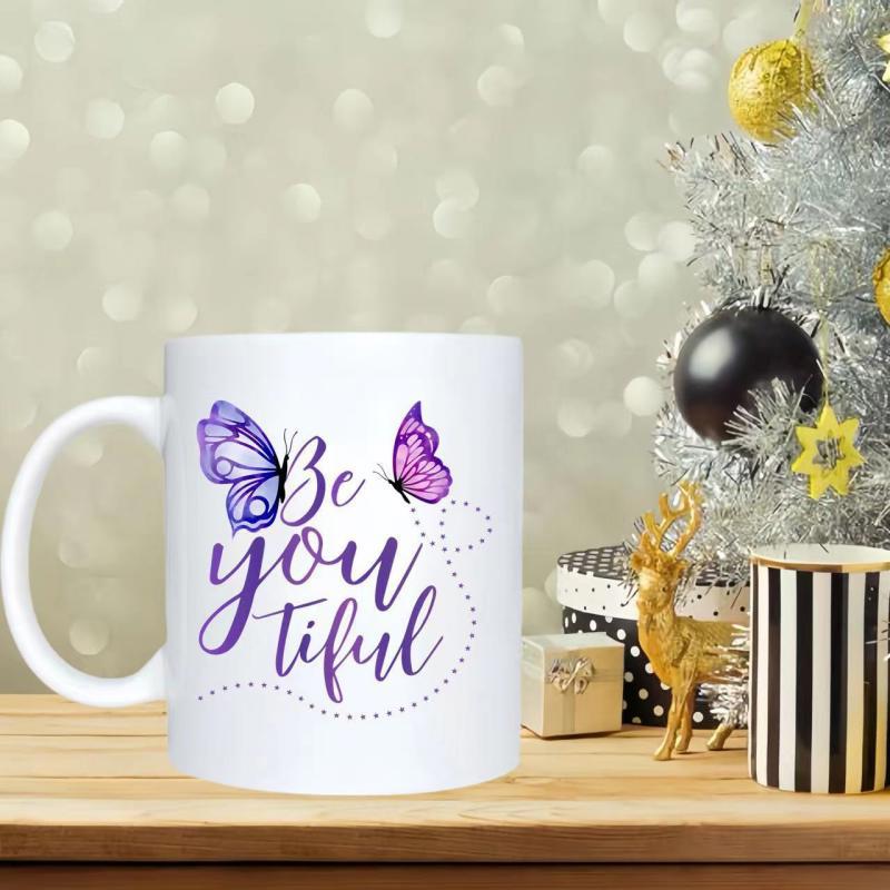 Tailorly White Ceramic 11 oz Mug - Be You Tiful Elegant Purple Butterflies Dancing Among Dotted Flight Paths Butterfly