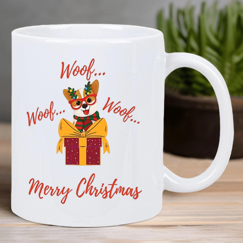 Tailorly White Ceramic 11 oz Mug - Woof Woof Woof Merry Christmas Festive Cartoon Dog Wearing Glasses Popping Out From A Wrapped Gift Box Dog