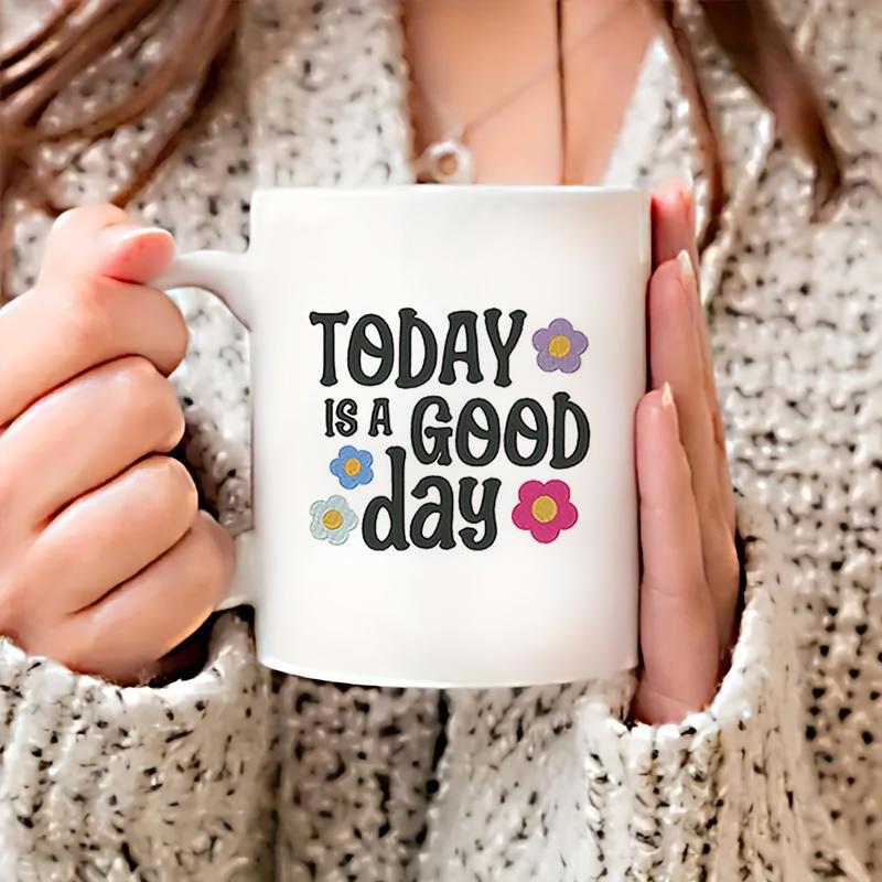 Tailorly White Ceramic 11 oz Mug - Today Is A Good Day Small Colorful Flowers Scattered Around Playful Retro Bubble Lettering