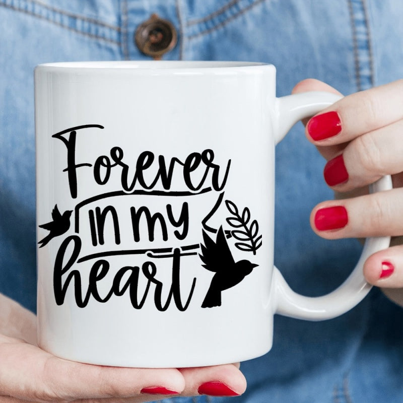 Tailorly White Ceramic 11 oz Mug - Forever In My Heart Elegant Flying Silhouetted Creatures Among Delicate Leafy Script Bird
