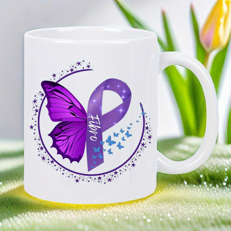Tailorly White Ceramic 11 oz Mug - Fibro Purple Awareness Ribbon Merged With A Graceful Wing Among Stars Butterfly
