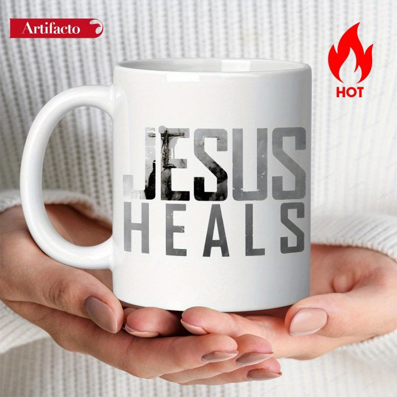Tailorly White Ceramic 11 oz Mug - Jesus Heals Bold Block Letters Featuring Distressed Texture Style In Clean Minimalist Layout Mug