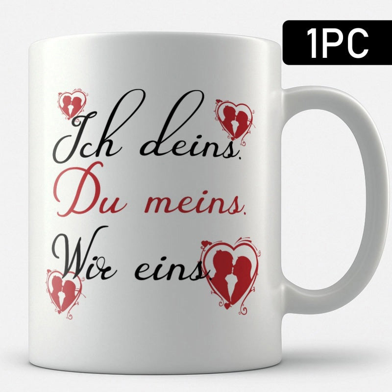 Tailorly White Ceramic 11 oz Mug - Romantic Couple Silhouettes Inside Elegant Red Hearts With Decorative Vine Details Heart